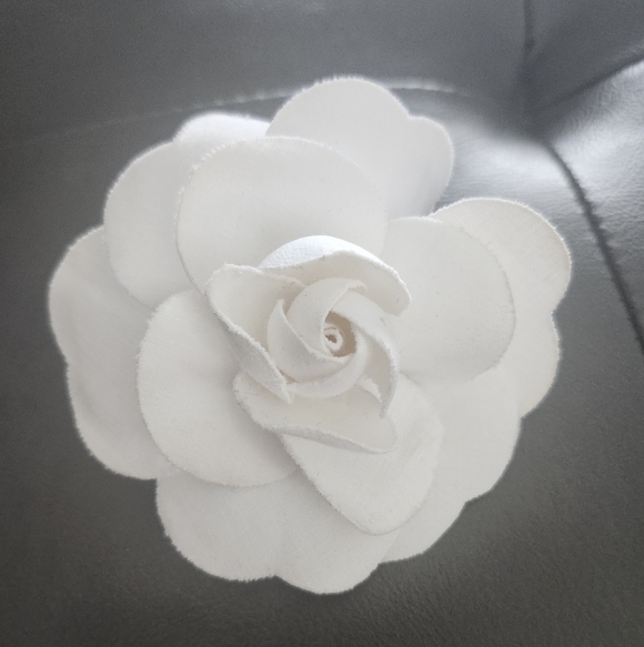Vintage Chanel White Cotton Linen Camellia Brooch